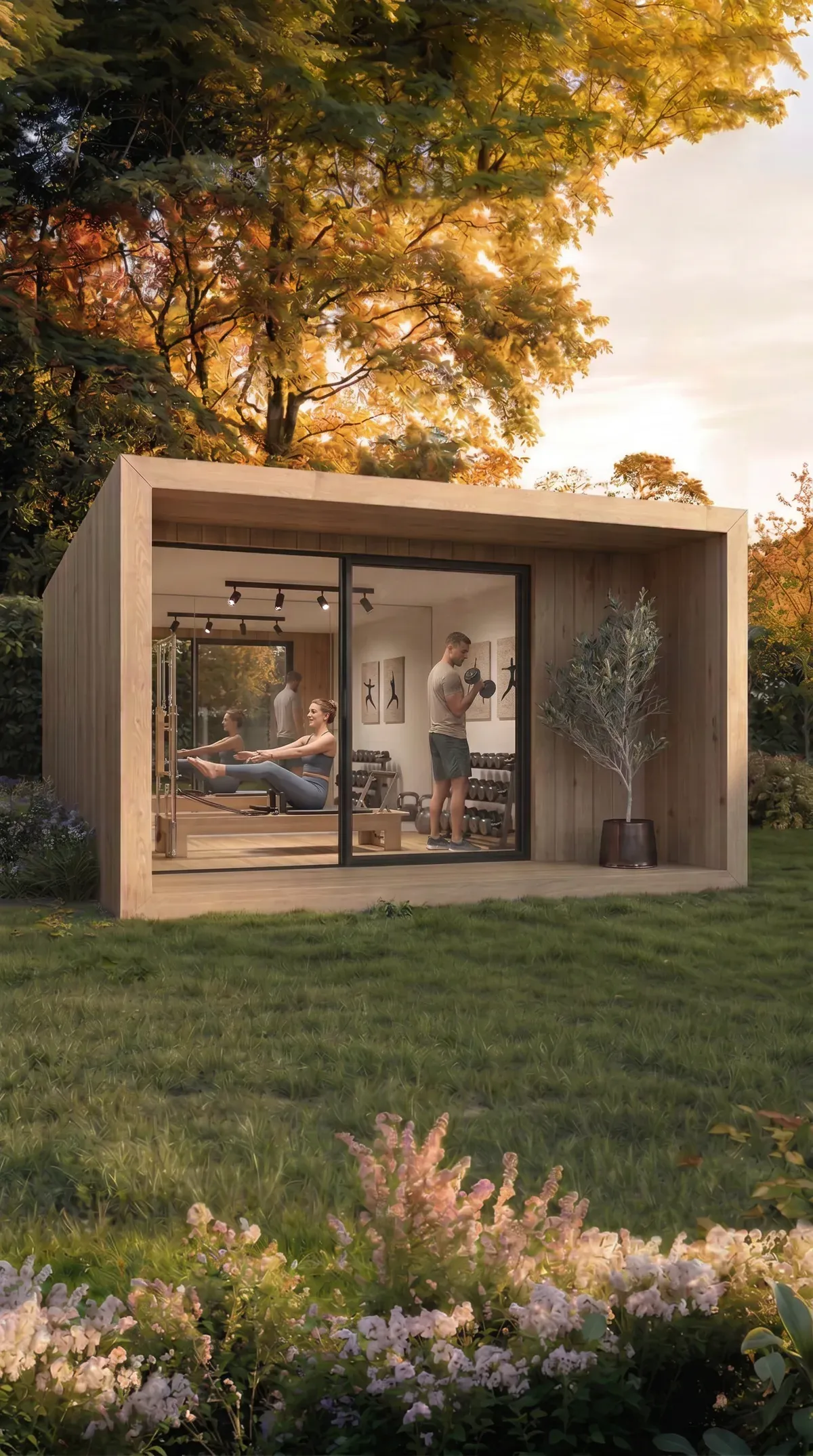 NOOK Base flex-unit interior fitted as a gym — modular hospitality module. Visualization.