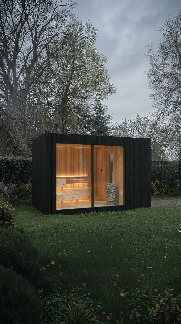Matched NOOK sauna in black thermo-treated cladding — commercial wellness amenity. Visualization.