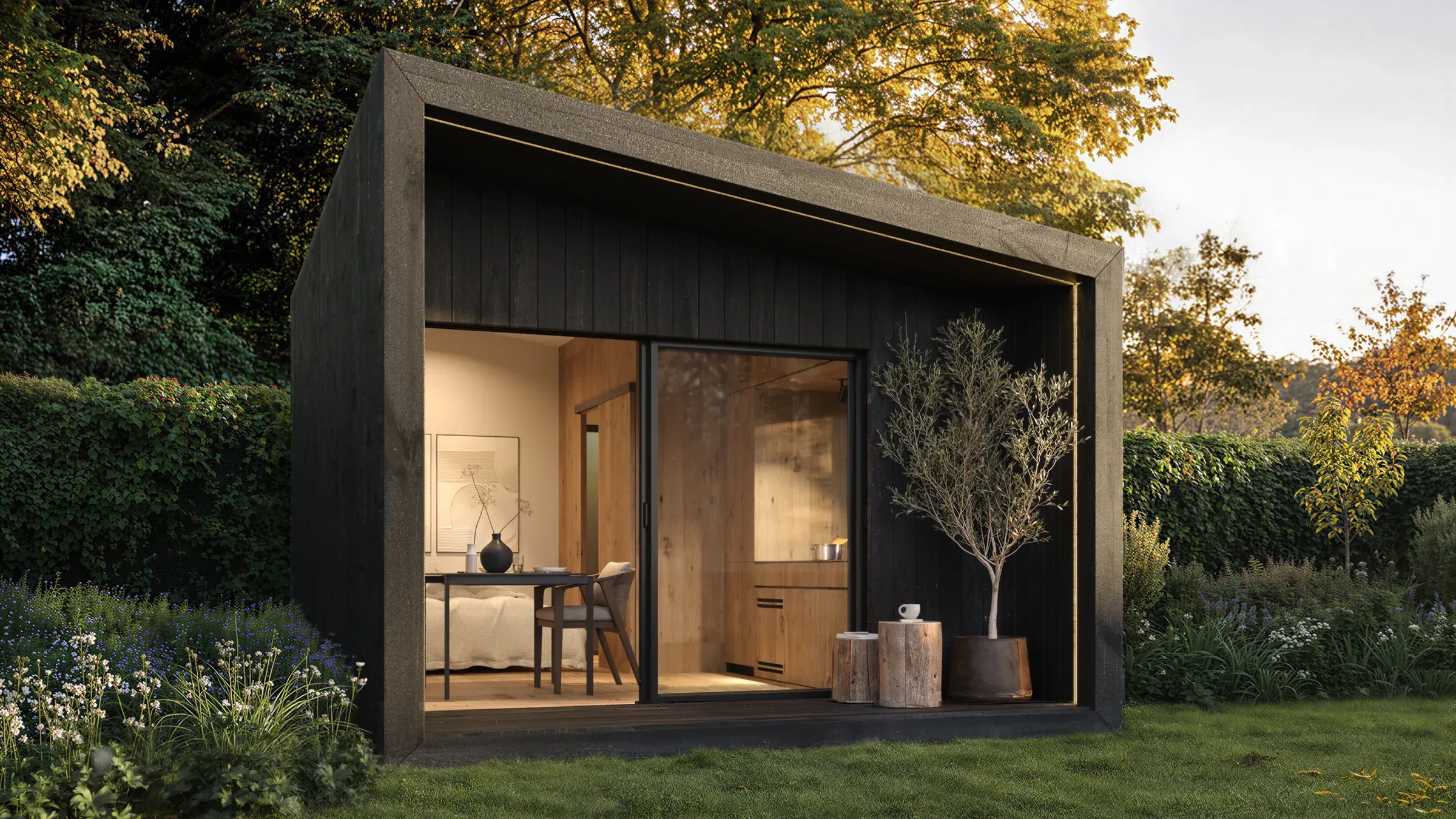 NOOK Studio render standing in for the Suite — the hospitality-hero modular guest suite. Visualization.