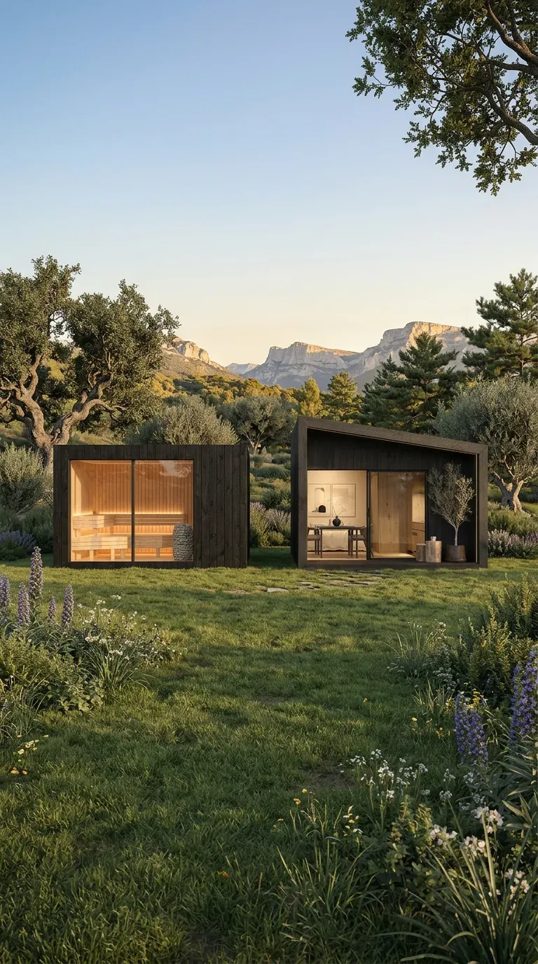 A NOOK suite paired with its matched sauna at dusk — wellness amenity for hospitality. Visualization.